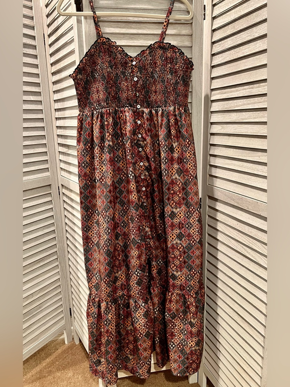 Cost Plus World Market Rust Diamond Print Smocked Maxi Dress